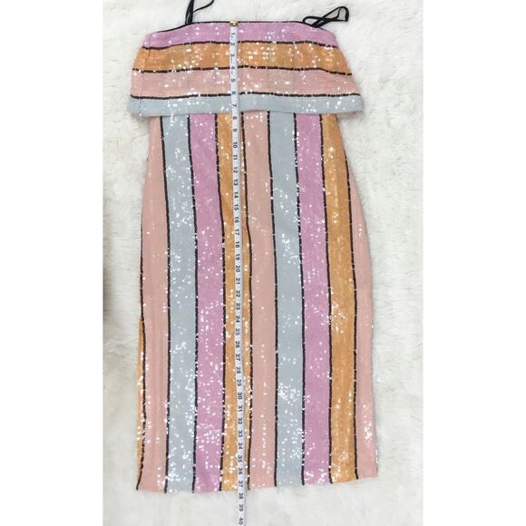 GIANNI BINI Halston Multi Color Stripe Sequin Dress Cocktail Midi Size 0 2 New - Picture 11 of 13